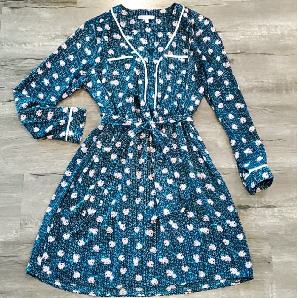 DR2 Navy Floral Belted Flowy Long Sleeve Dress